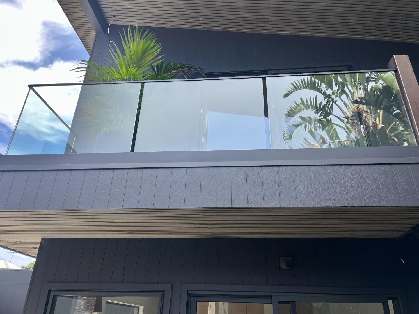 Frameless glass balustrade on a dark contemporary home with a palm outlook
